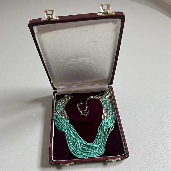 Turquoise Glass Silver Tone Seed Bead Bib Multi Strand Necklace Boho - Picture 10 of 12